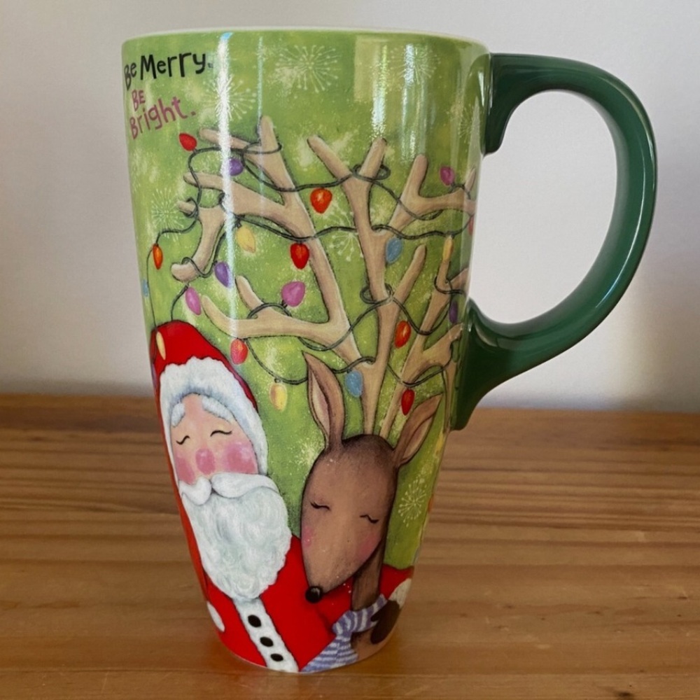 LANG 2015 Be Merry Be Bright 16oz Mug Reindeer Santa Wendy Bentley